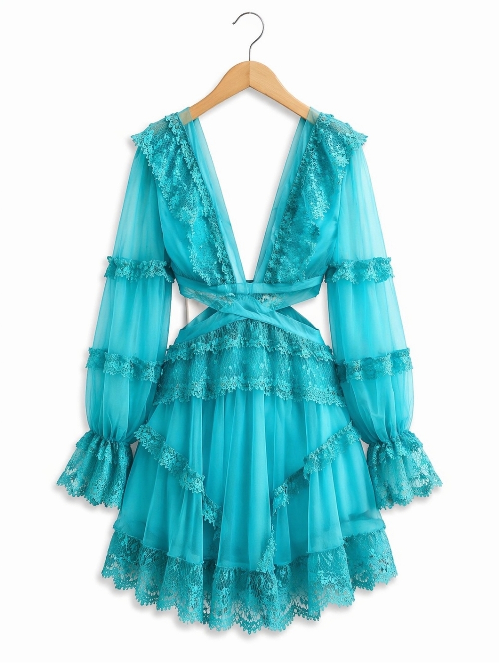 Turquoise Lace Tiered Mini Dress